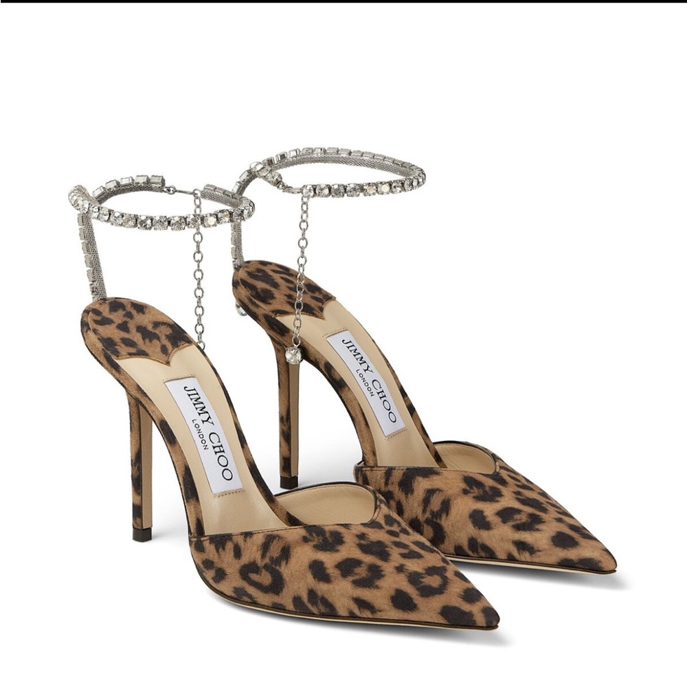 Jimmy Choo. Saeda 100. Leopard print suede with Crystal chain. Size 37.